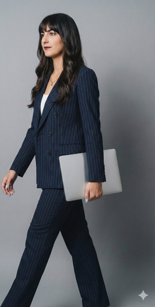 Sara Avilés caminando con una laptop, en traje azul de rayas