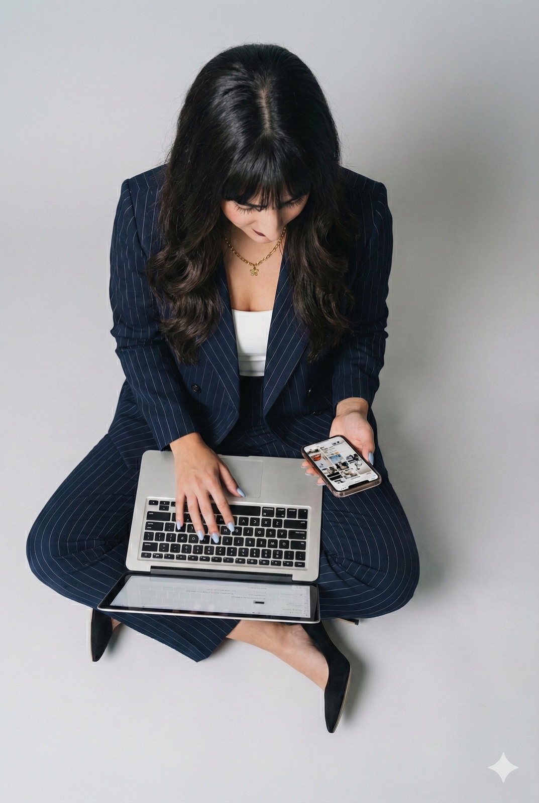 Sara Avilés trabajando con una laptop y un teléfono